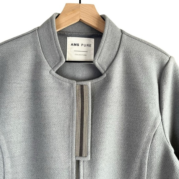 AMS Pure Wool Blend Mockneck Zip Front Blazer Jacket in Light Grey Blue, Size 12 - Picture 2 of 12